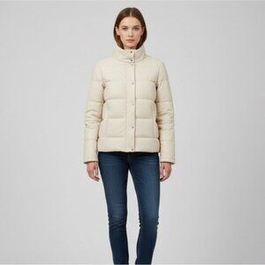 DANIER White Leather Goose Down Quilted Puffer Coat Jacket, Size S